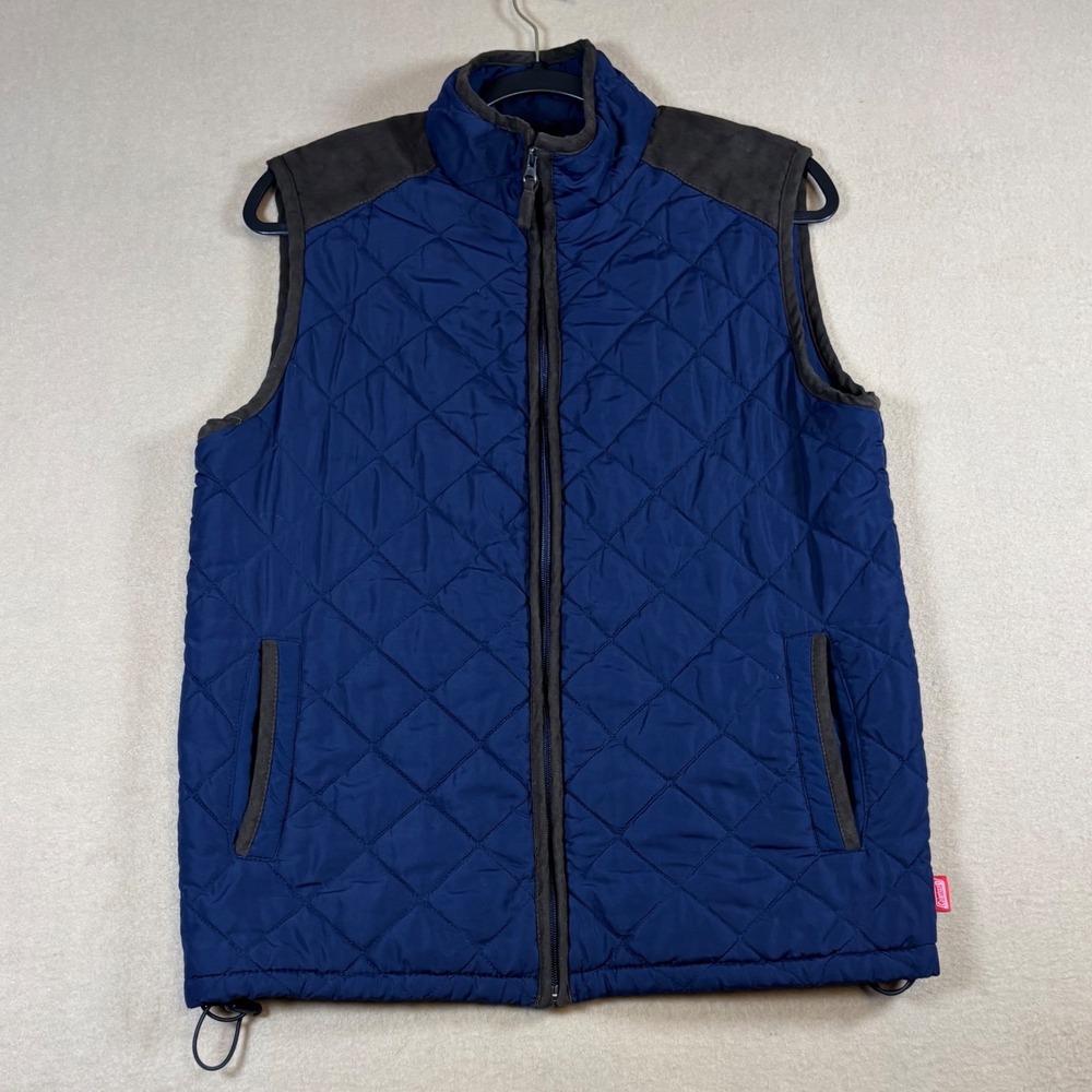 Coleman Mens Navy Blue Quilted Full Zip Vest Faux Suede Trim Small WPL 12902